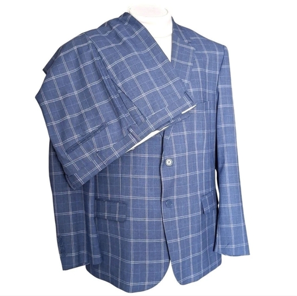 Lineage Blue Windowpane Men's 2pcSuit Blazer 50R Pant 46 x 30
